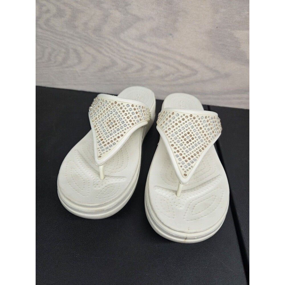 Crocs Women's SZ 11 Dual Comfort Sandal Flip Flop Rhinestones White Wedding Shoe